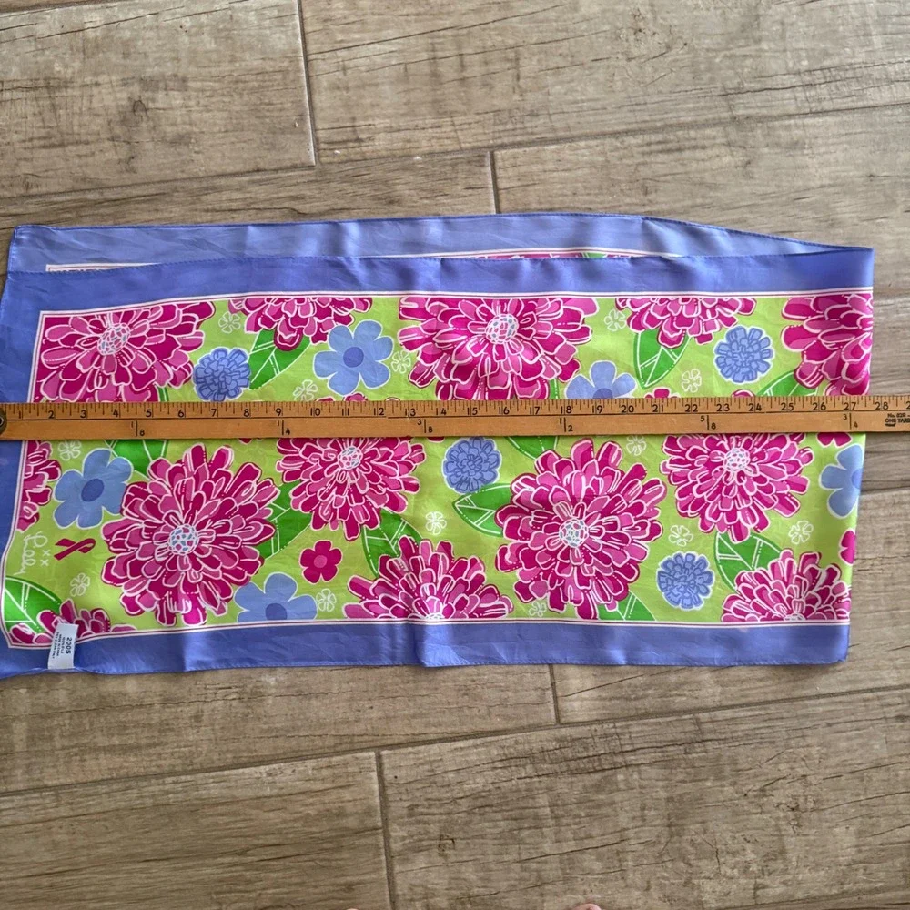 Lilly Pulitzer Ford Warriors in Pink Silk Floral Scarf Pink‎ Green Blue Ribbon